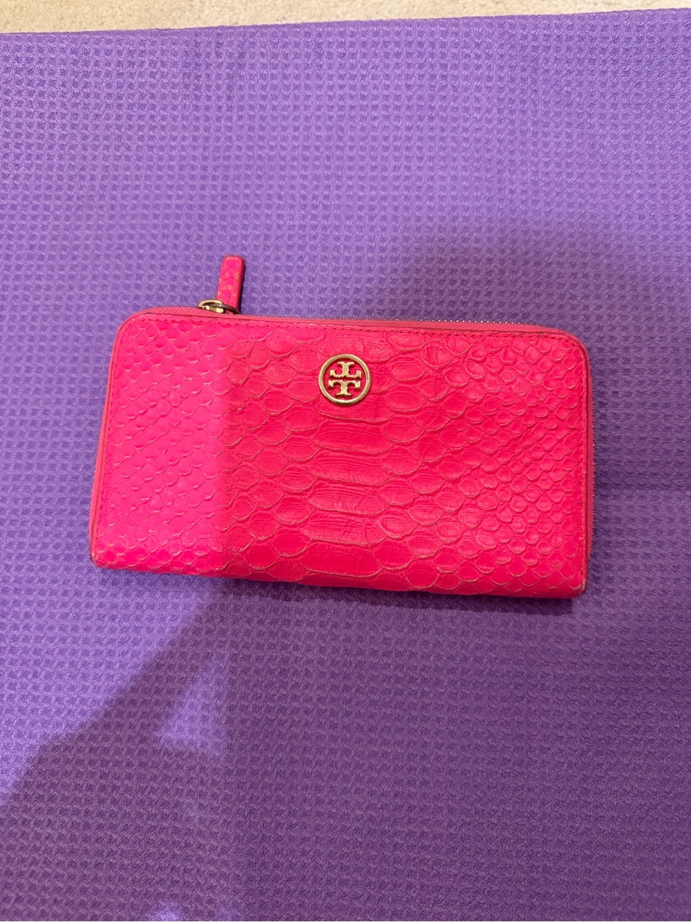 Tory Burch Hot Pink Textured Zip Wallet with Gold Logo